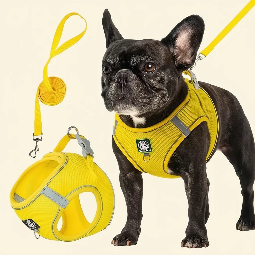 Dog wearing a yellow harness and leash on a white background