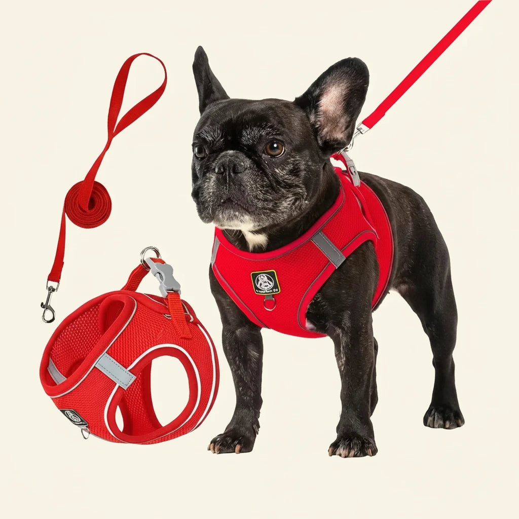 Dog wearing a red harness with a matching ball-shaped leash holder on a white background