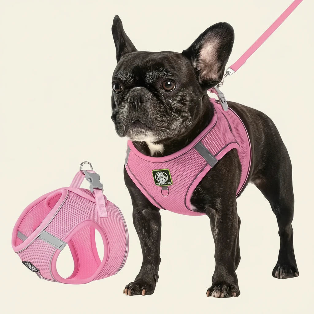 Dog wearing a pink harness with matching leash and bag on a white background
