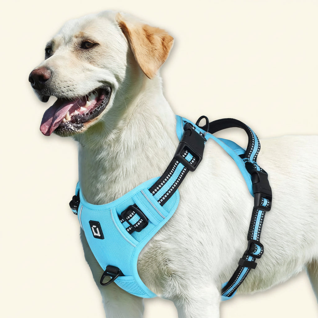 Dog wearing a blue harness on a white background