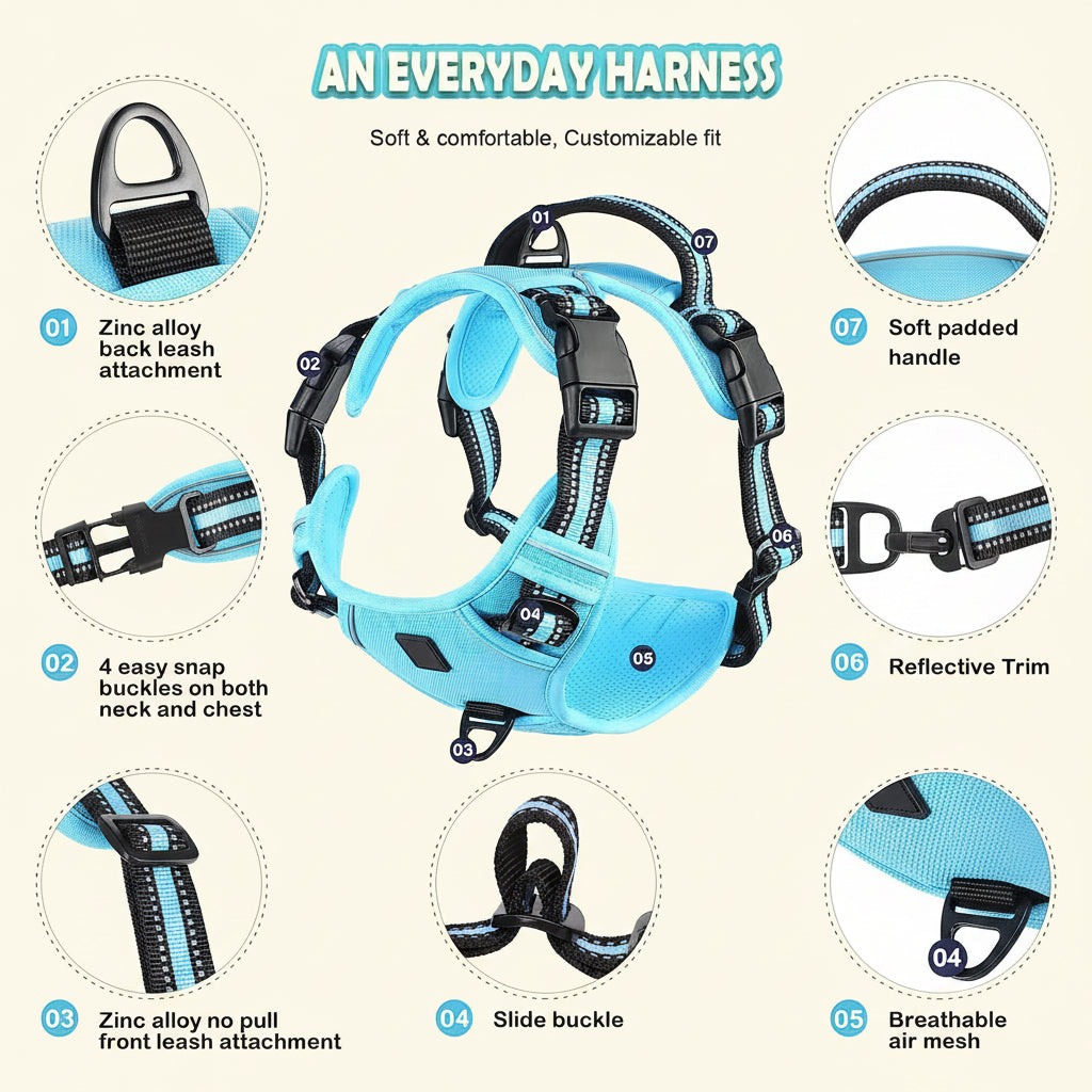 Dog harness with features highlighted on a white background