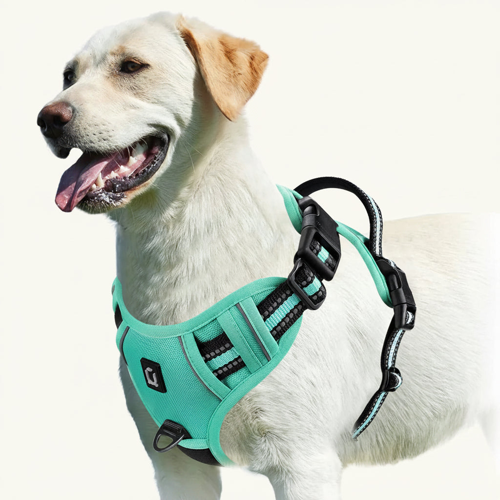 Dog wearing a teal harness on a white background