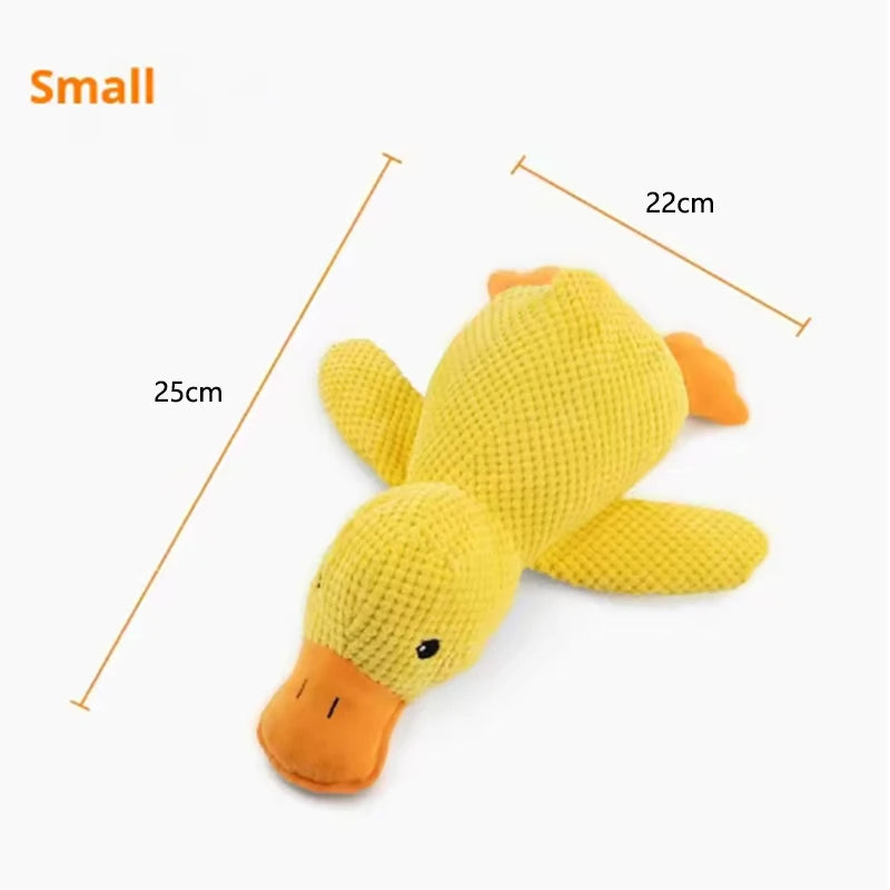 Small yellow duck plush toy with measurements on a white background