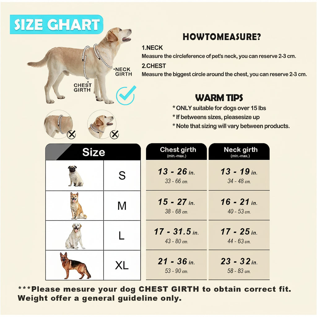 Dog size chart with measurements for neck and chest girth, accompanied by images of dogs of different sizes.