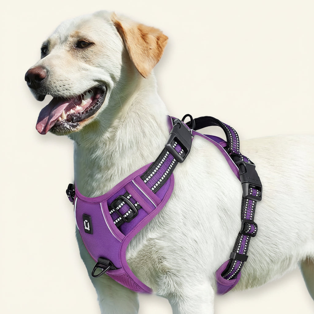 Dog wearing a purple harness on a white background
