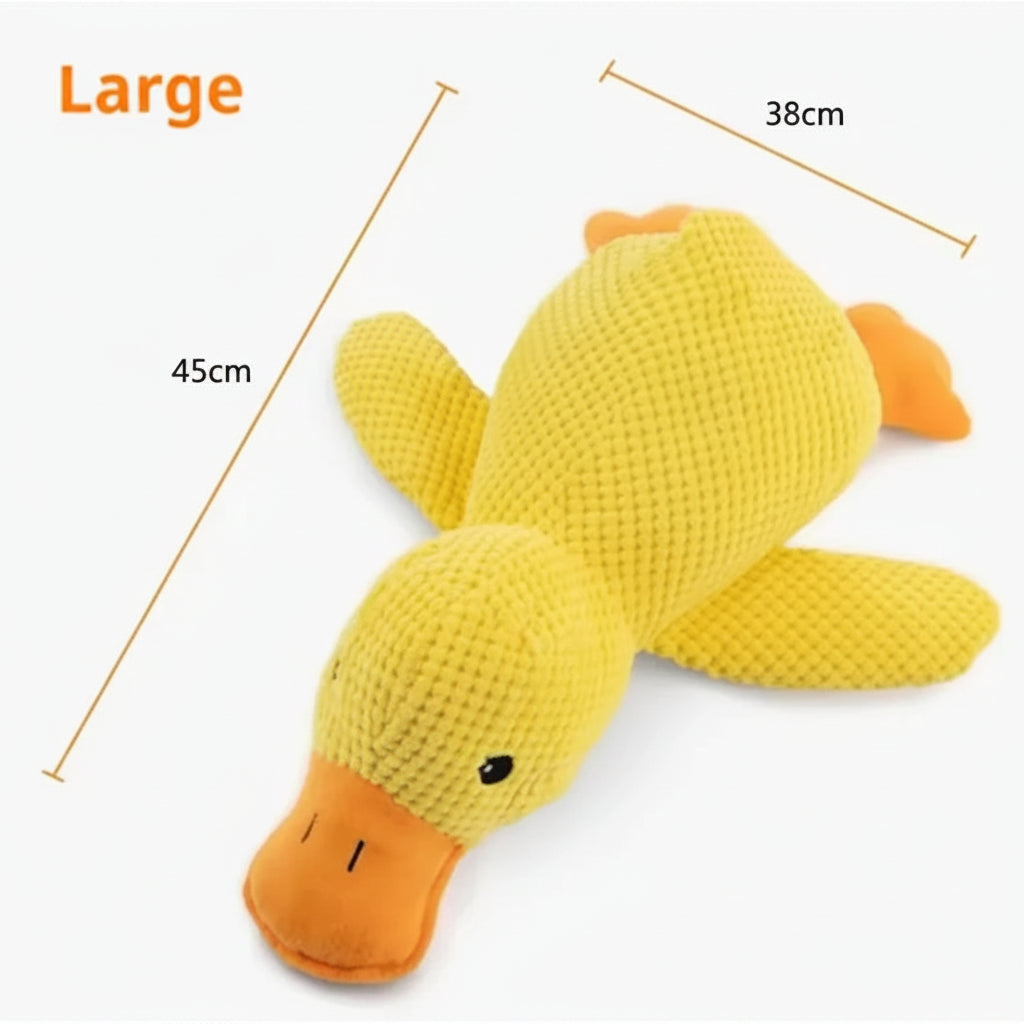 Yellow plush duck toy with measurements on a white background