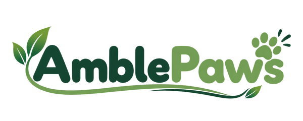Amble Paws logo in green and dark green, featuring stylized text, leaf graphics, and a paw print on a white background.